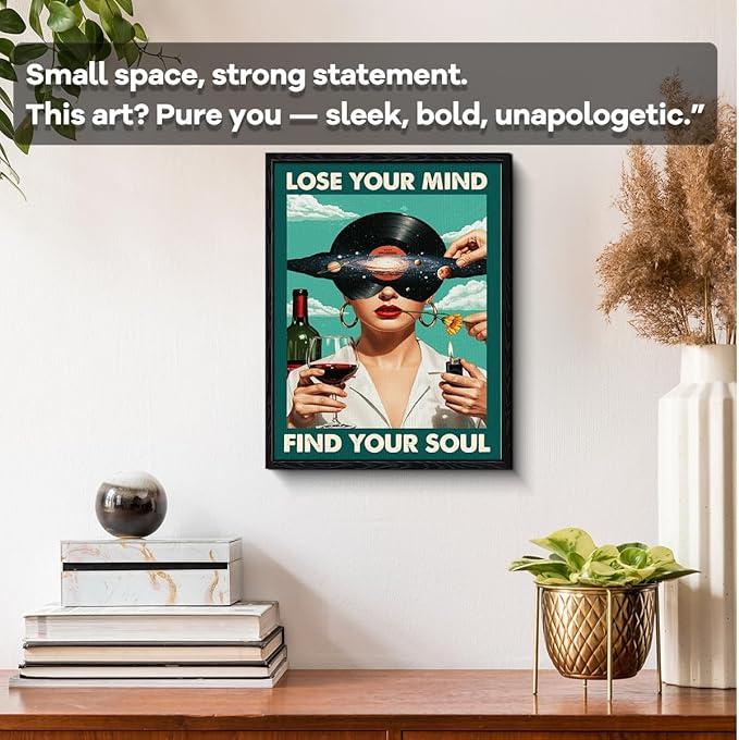 Surreal Music Quote Wall Art, find your soul quote, retro psychedelic wall decor, matte finish framed canvas print, psychedelic music poster artwork, for music room bar gift, 12x15 inch