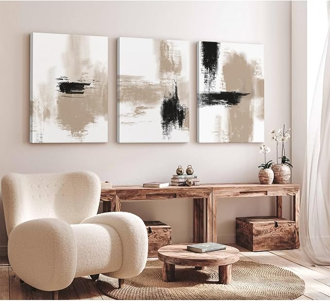 Beige Abstract Wall Art Painting Set of 3 Framed Neutral Canvas Wall Art Prints Black Beige Modern Wall Decor Minimalist Art Pictures Abstract Modern Artwork for Room Bedroom 16x24 Inch