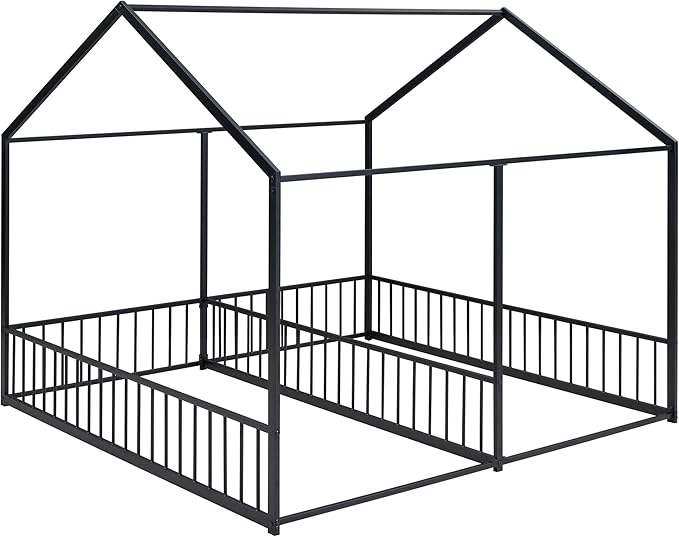 Harper & Bright Designs Metal Twin Size House Platform Bed Frame for Boys Girls Kids Adults Toddler, Two Shared Beds, Black