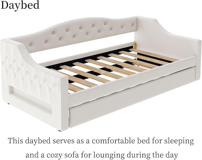 Merax Twin Size Linen Corner Daybed with Trundle and LED Belt, Upholstered Headboard Captain Bed Frames for Small Room, Bedroom, Guest Room, Kids' Room, White
