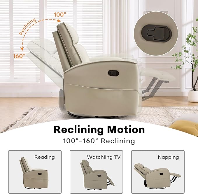 Swivel Rocker Recliner Chair, Manual Faux Leather Glider Rocking Recliners for Adults, 360° Swivel Nursery Reclining Sofa with Storage Pocket
