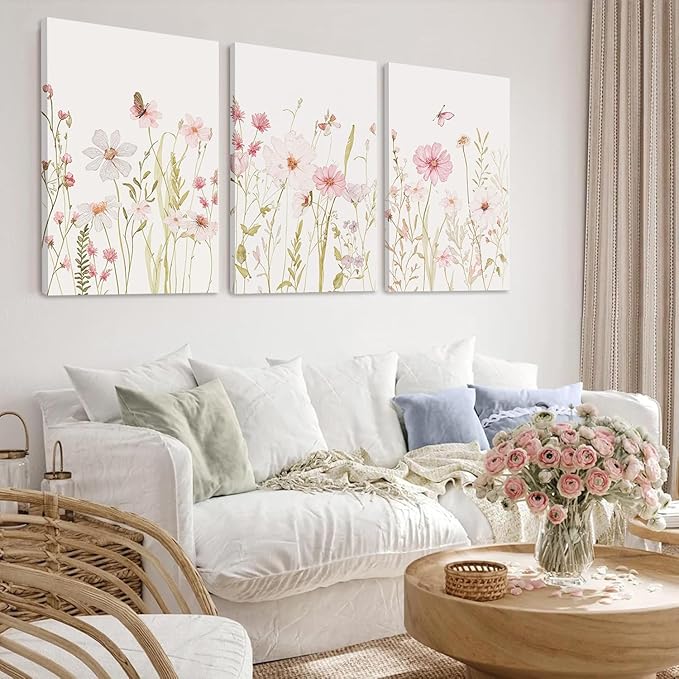 MTFBWY Floral Canvas Wall Art Flower Framed Art Prints Set of 3 Pink Wildflower Printing Botanical Nursery Pictures Wall Decor Artwork for Living Room Bedroom Bathroom 16x24in