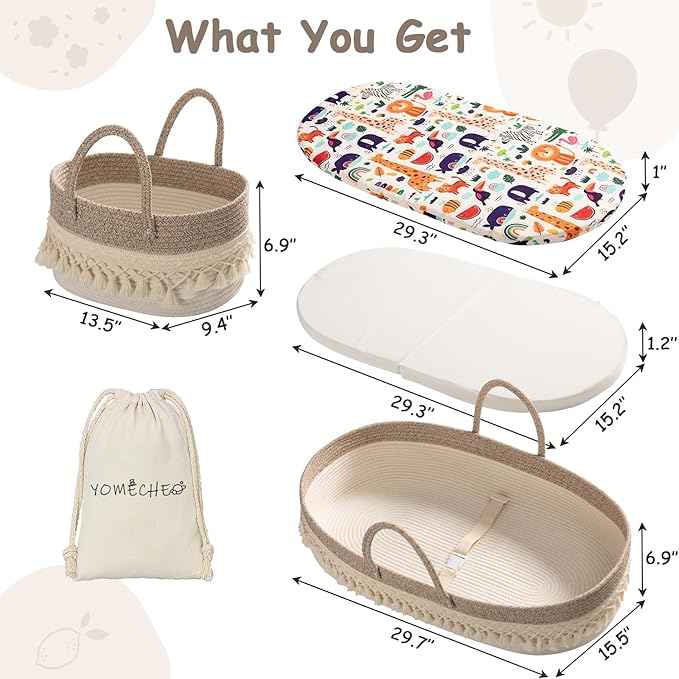 Baby Changing Basket, Boho Moses Baskets for Newborn, Baby Basket for Baby Dresser, Diaper Changing Basket for Baby with Diaper Caddy, Cartoon Changing Pad, Waterproof Sponge Cushion, Storage Bag