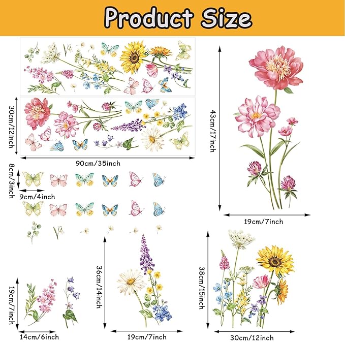 Butterfly & Flower Wall Decals Removable Peel and Stick Flower Wall Stickers for Girls Room, Bedroom, Living Room Nursery Decor