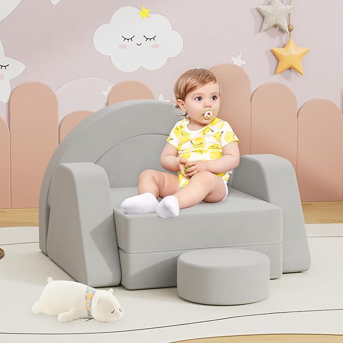 7 PCS Modular Kids Play Block Couch Child Sectional Sofa Toddler Building Fortplay Bedroom Playroom Baby Convertible Floor Foam Cushion for Boys & Girls (Light Gray-Single)