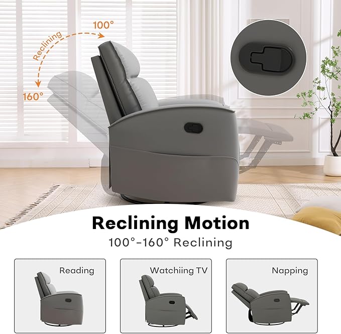Swivel Rocker Recliner Chair, Manual Faux Leather Glider Rocking Recliners for Adults, 360° Swivel Nursery Reclining Sofa with Storage Pocket