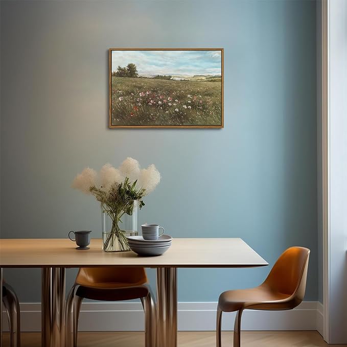 OIQArtOIQ Vintage Landscape Framed Wall Art Summer Countryside Wildflower Canvas Art Prints Farmhouse Cottagecore Pictures Wall Decor Rustic Meadow Paintings Artwork For Kitchen Bedroom Living Room