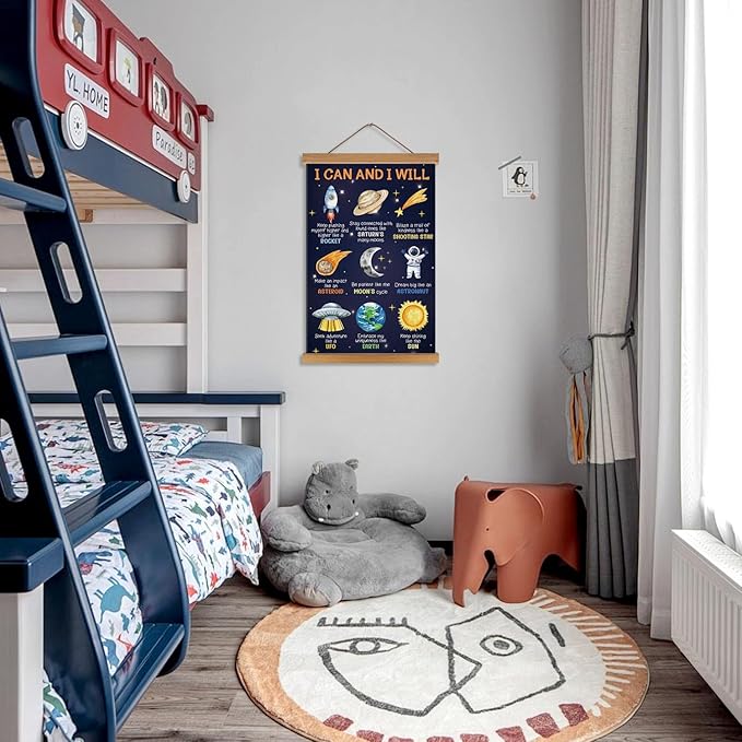 KAIRNE Outer Space Poster,I can I Will Positive Space Themed Decor,Rocket Prints Astronaut Hanging Canvas With Magnetic Hanger,Motivational Wall Art for Boys Room Bedroom Kids Classroom Decor