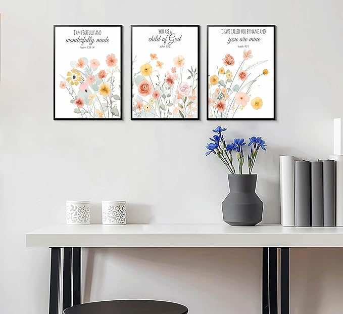 Esejchiam 3pcs Christian Floral Wall Art Wildflowers Bible Verse Canvas Wall Decor Boho Floral Paintings Prints Poster for Living Room Bedroom Home Decorations Unframed