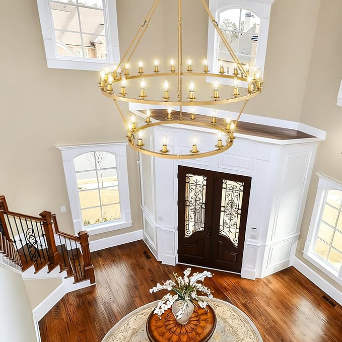 Wagon Wheel Chandelier, 2-Tier 36-Light Gold Large Modern Farmhouse Chandelier with Adjustable Height Island Light Fixture for High Ceiling Dining Room, Kitchen, Living Room, Entryways, Foyer