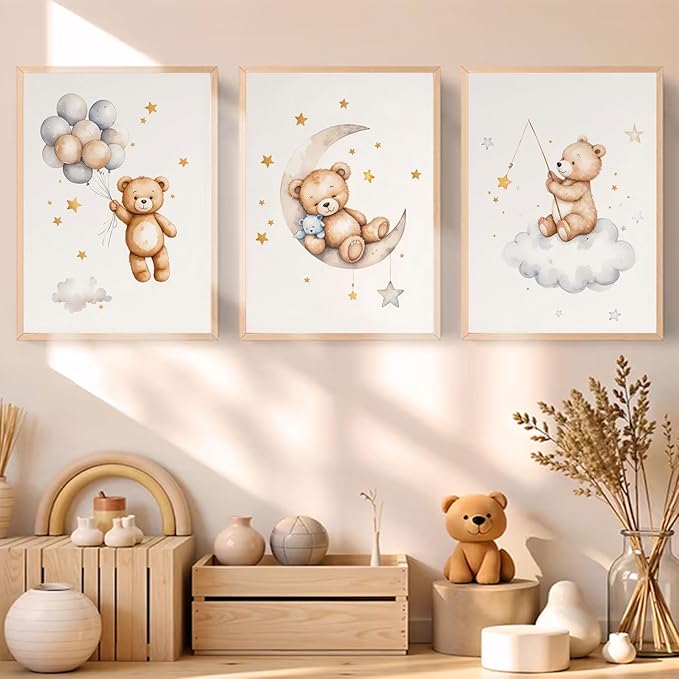 3Pcs Teddy Bear Nursery Wall Art Bear Sleeping on The Moon and Stars Wall Decor Pictures Balloon Cloud Neutral Canvas Poster Prints for Kids Baby Room Kindergarten Home Decoration 12x16in Unframed