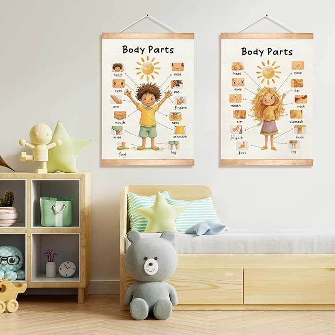 HEYJEEPER Kids Body Parts Learning Posters Set of 2,Linen Educational Wall Art with Wood Hanger, Cute Girl & Boy Body Parts Charts for Toddlers Preschool Classroom Playroom Nursery Decor,18.5x14 Inch