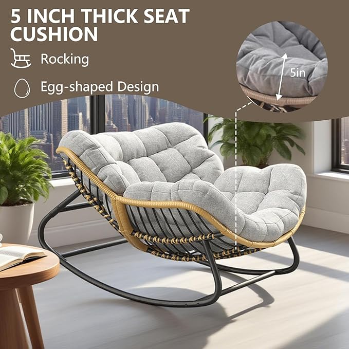 Oversized Papasan Rocking Chair with Thick Cushion, Rattan Wicker Egg Chair for Indoor/Outdoor Patio, Bedroom, Living Room, Porch, or Backyard – Grey