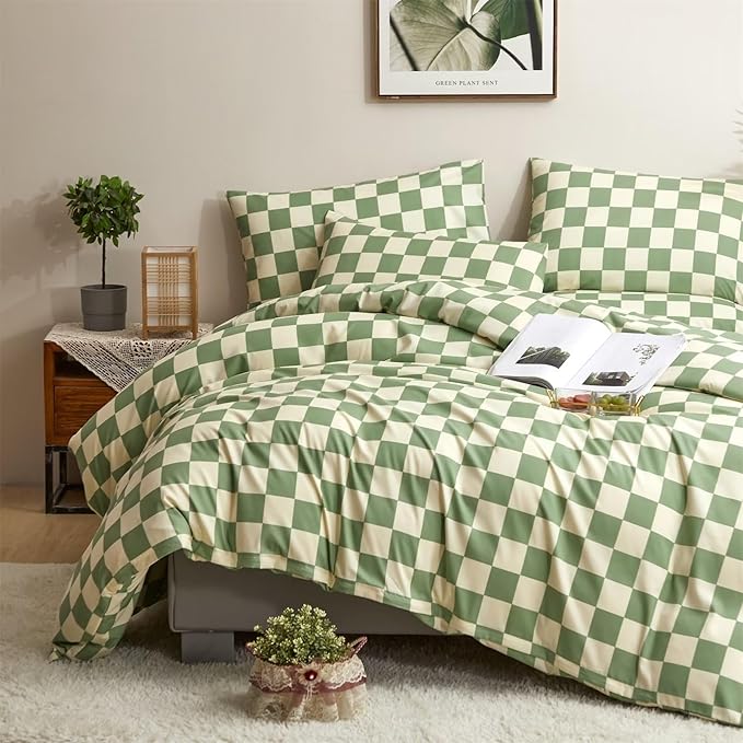Houseri Sage Plaid Duvet Cover King Size Set - White, Light Green, Beige Grid, Checkerboard, Buffalo Plaid, Gingham