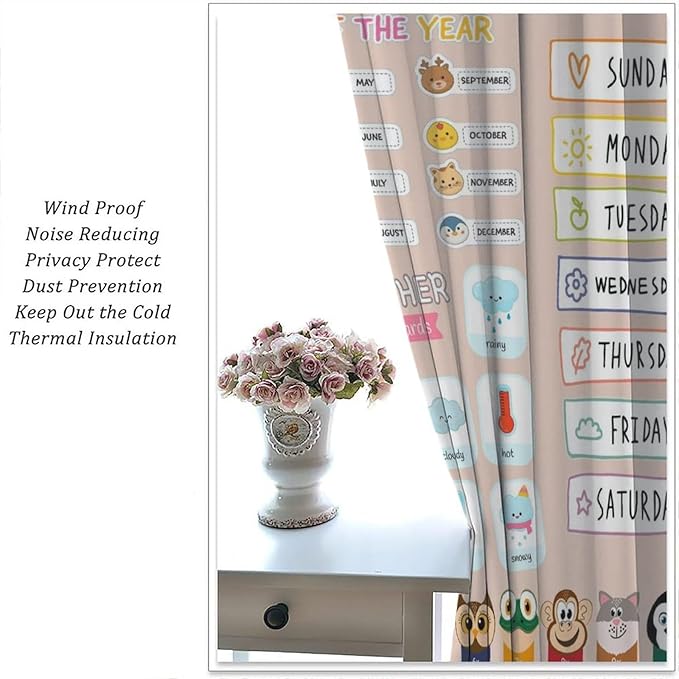 Funny Kids Educational Alphabet Curtain Cartoon Colorful Weather Multiplication Table Printed Rod Pocket Blackout Window Treatments for Bedroom Living Room 52" W X 84" L