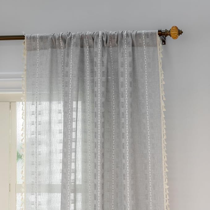 Deeprove Silver Grey Boho Curtain 72 inches Length for Bedroom Laundry Room Bathroom Antique Bohemian Light Gray Sheer 72 inches Long Stripe Embroidery Privacy Window Tassel Decor W52 x L72, 1 Panel