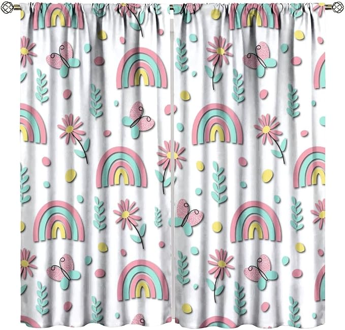 Kids Rainbow Curtains Boho Cartoon Colorful Stars Love Heart Lovely Abstract Art Pattern Print Window Drapes for Girl Bedroom Living Room Kitchen Decor,2 Panel Set,42Wx54H Inch Blackout