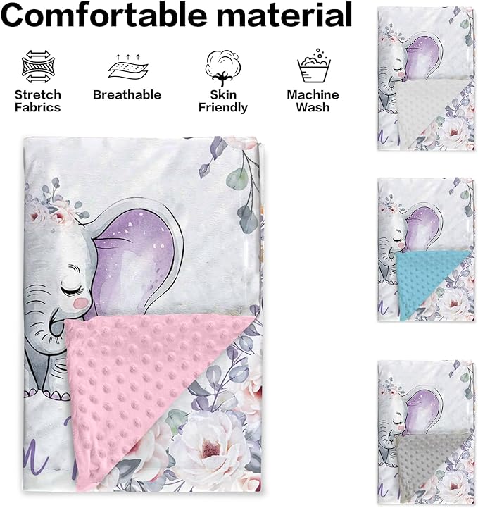 Personalized Baby Blankets for Boys Girls, Custom Name Light Purple Elephant Baby Blanket, Soft Receiving Blanket for Newborns and Toddlers, Ideal for Baby Showers and Nursery Decor