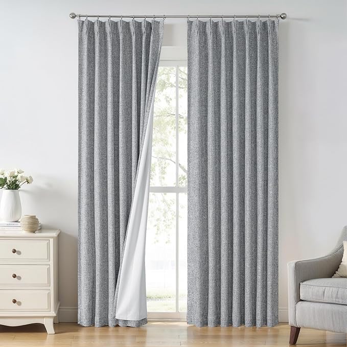 Central Park Pinch Pleated Full Blackout Curtain Panels Linen Texture Thermal Insulated Window Treatment Sets with Back Tab for Farmhouse Living Room Bedroom Drape with Hooks, 40"x95"x2, Dark Grey