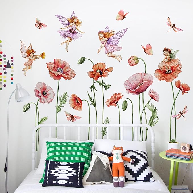 Removable Large Pink Red Poppy Flowers Wall Stickers with Fairy Angels - DIY Floral Butterfly Wall Decals, Peel and Stick Princess Decor for Girls Bedroom, Nursery, Living Room Home BM4130