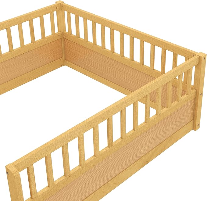 Bellemave Full Floor Bed with high Rails for Kids, Girls, Boys, Wood Montessori Floor Bed Without Door, Natural