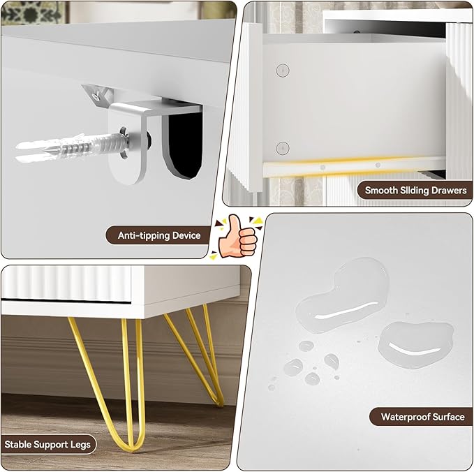 LYNSOM Fluted Dresser for Bedroom, White 6 Drawer Dresser with Gold Handles and Wide Drawers, Wood Chest of Drawers for Bedroom, Hallway