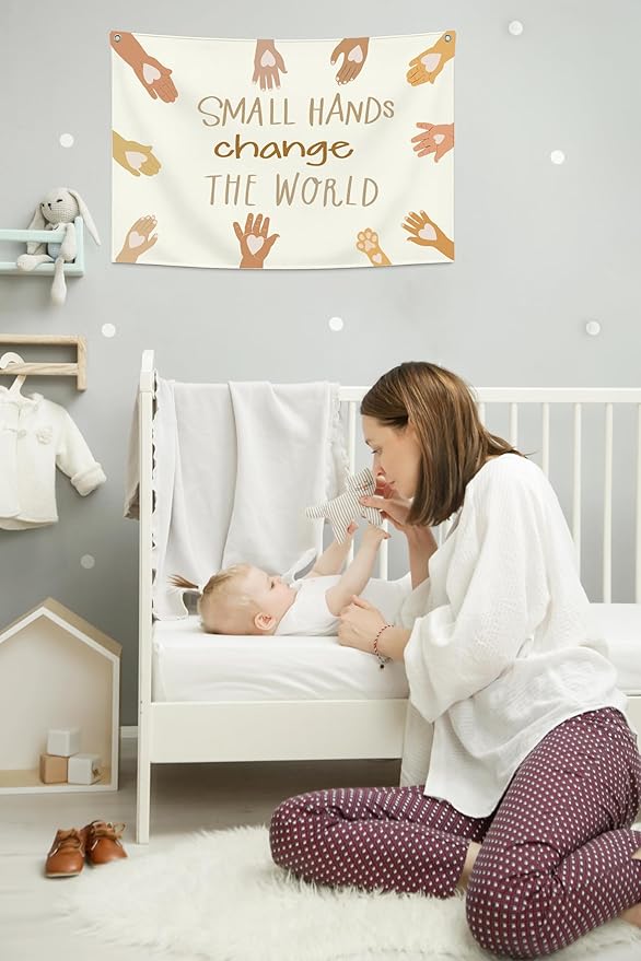 Neutral Rectangular Banner Flag Wall Decor Gift for Baby Boy Girl Kid,Nursery Classroom Homeschool Bedroom Reading Room Playroom-Small Hands Change the World-Baby,Shower Birthday Christmas Gift