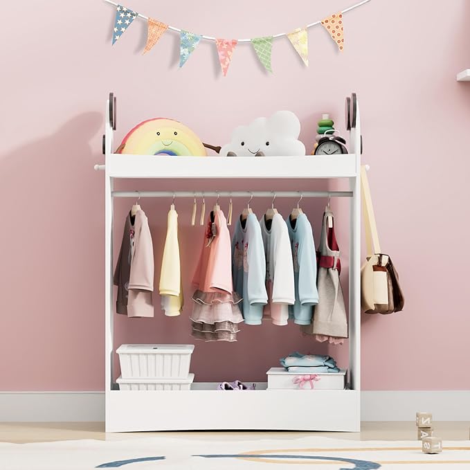 Kids Dress Up Storage Rack Mirror Wood Child Wardrobe 2 Hooks 2 Fabric Bins Toddler Closet Girls Boys Open Hanging Armoire Storage Shelf Coat Costume Hat Shoe (White)