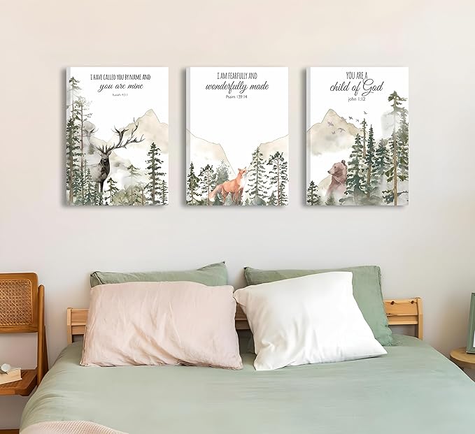 3pcs Framed Forest Animals Bible Verse Wall Art Misty Forest Deer Bear Fox Paintings Canvas Prints Poster Inspirational Quotes Pictures Wall Decor for Home Bedroom Nursery Baby Room Playroom Decor
