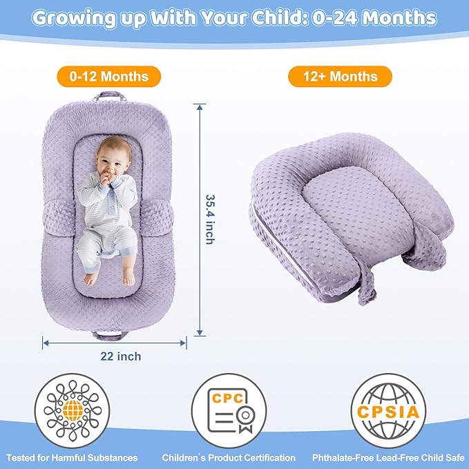 Baby Lounger Pillow- Portable Baby Lounger for Newborn, 0-24 Months,3-in-1 Baby Nest for Home and Travel, Foldable & Soft, CPC Certification Newborn Babies Essentials Gifts, Purple