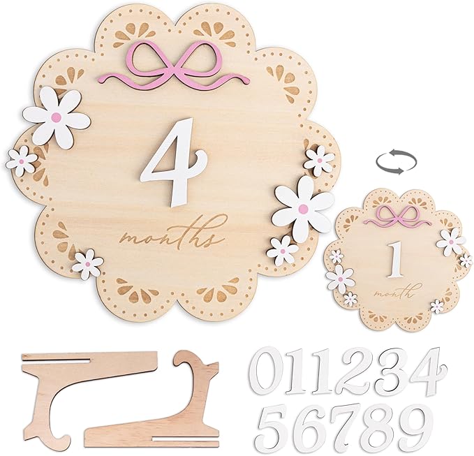 Baby Monthly Milestone Photo Sign, Wooden Floral Design with Pink Bows, Baby Girl Growth Tracker, 1-12 Months (Natural Wood and White with Pink Accents)