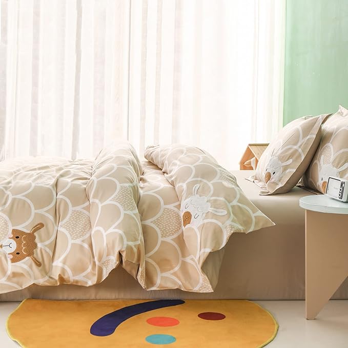 Simple&Opulence 100% Organic Cotton Duvet Cover for Kids Teens, 3 Pieces Soft Comforter Cover with Zipper Closure Boy Girl Warm Adorable Bedding Set - Alpaca, Twin