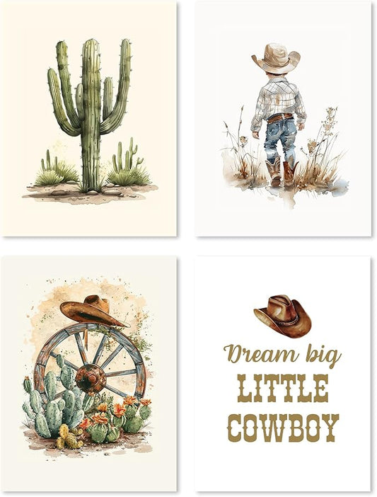 Hxlac Western Cowboy Wall Art Prints Set of 4 Unframed - Desert Cactus Hats Wall Decor for Toddler Kid Boy Room, Dream Big Little Cowboy (12x16Inches)