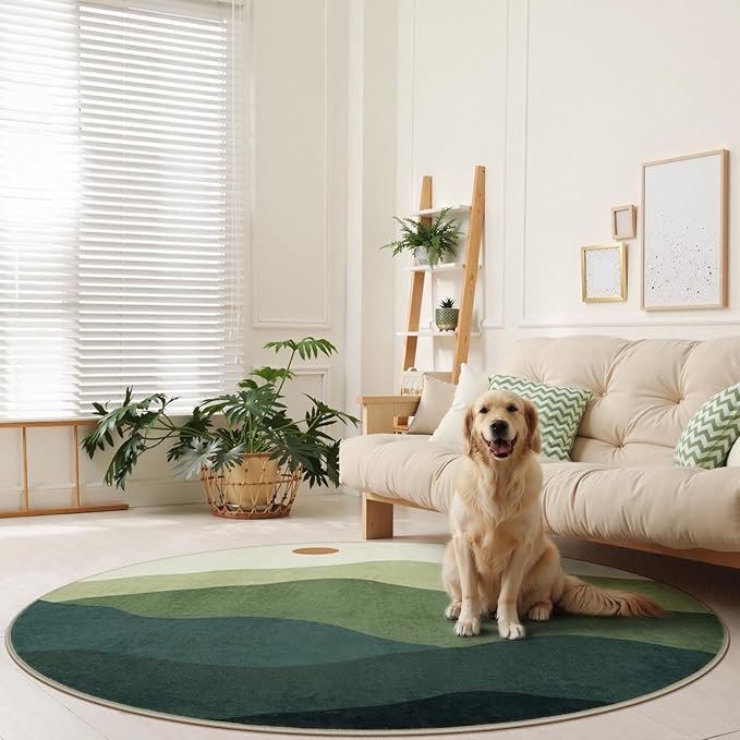 6ft Round Rugs for Living Room,Soft Washable Non-Slip Large Circle Rug,Chic Mountain Low-Pile Circular Bedroom Rug Indoor Round Carpets for Kidsroom/Nursery/Office(Green)