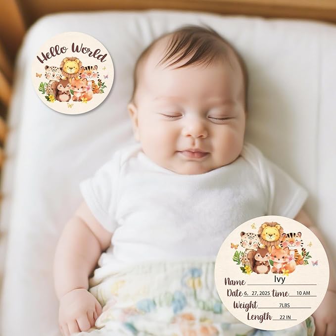 Baby Monthly Milestone Cards Sign - 13 Double Sided Little Animals Milestone Cards, Fox Pattern Wooden Circles Discs for Photo Props Cat Newborn Announcement Marker, Baby Shower Newborn Sign Gift Set