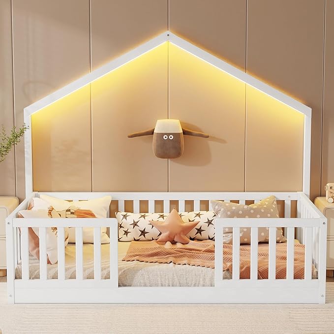Twin Size House Bed for Kids, Low Profile Montessori Bed Twin with High Railings, Wood House Shape Montessori Beds with Light & Roof for Kids, White