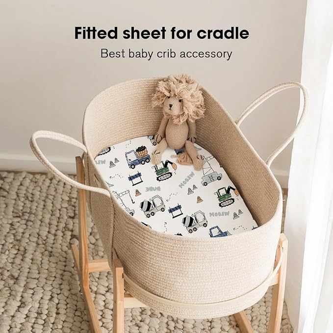 Little Grape Land Bassinet Sheets for Baby Boys Girls 3 Pack, 33" x 18" Extra Soft Breathable Fitted Bassinet Sheets, Bedside Sheets Fit for Oval Rectangle and Hourglass Bassinet Mattress (Truck)