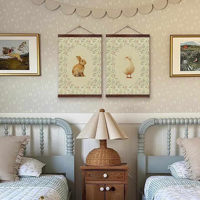 Wheatwin Nursery Decor, Vintage Baby Girl Nursery Wall Decor for Playroom Girls Boys Kids Room Bedroom, Animal Rabbit Goose Wildflower Floral Canvas Pictures Framed Art Decorations 12x16