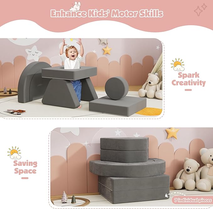 7 PCS Modular Kids Play Block Couch Child Sectional Sofa Toddler Building Fortplay Bedroom Playroom Baby Convertible Floor Foam Cushion for Boys & Girls (Dark Gray-Single)