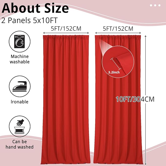 10x10FT Red Curtains Backdrop for Parties, Wrinkle Free Red Photo Backdrop Curtains Drapes for Party Birthday Wedding Decoration Photography,5ft x 10ft, 2 Panels