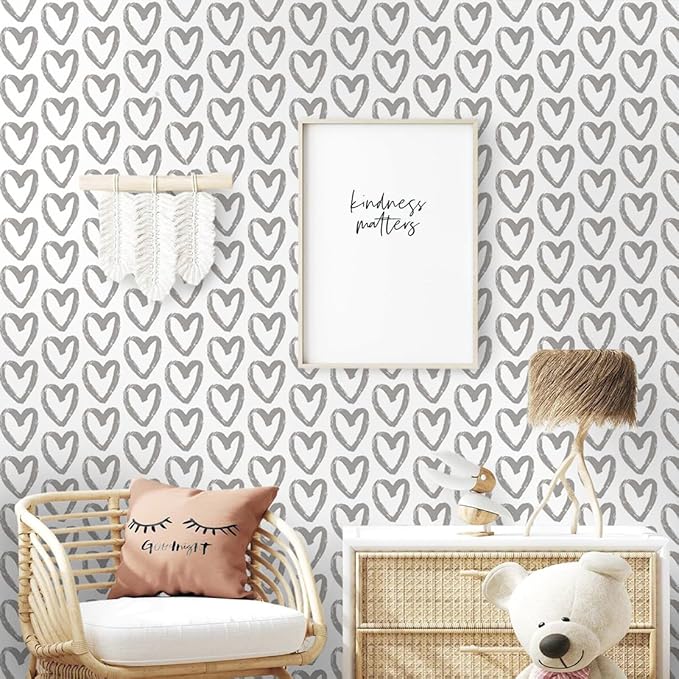 Timeet Grey and White Wallpaper Peel and Stick Wallpaper Heart Geometric Contact Paper 17.7"x393.7" Modern Self Adhesive Removable Wallpaper for Bedroom Kids Room Wall Decor Vinyl