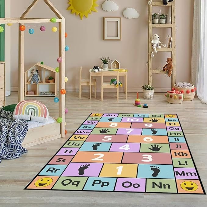 Kid Hopscotch Play Rug, ABC Alphabet Number Educational Carpet, Playroom Classroom Mat Non-Slip Washable (Pink 71x106 in)