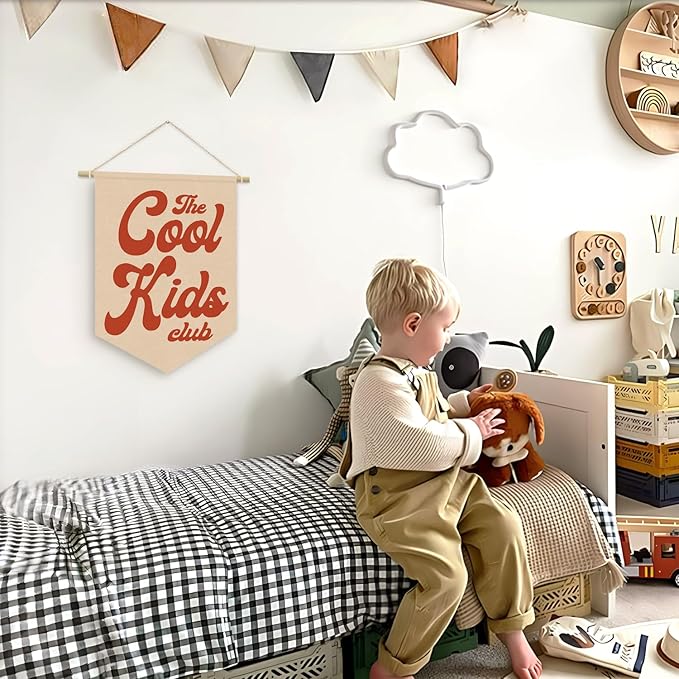 Playroom Wall Hanging Banner, Cool Kids Club Retro Pennant Flag, Boy Nursery Decor, Classroom Decor Baby Nursery Room Banner