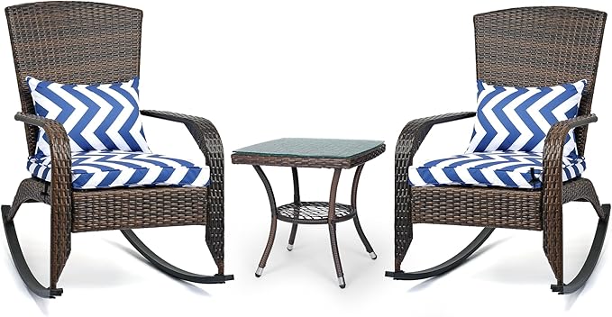 Outdoor Rocking Chairs Set of 2 with Side Table, Patio Rocking Chairs Wicker Set, 3 Piece Patio Rocker Furniture Set with Water-Resistant Cushions for Porch Balcony Backyard