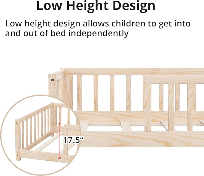 LLS Twin Floor Bed for Kids Solid Wood Montessori Bed Frame with Safety Guardrails Multifunctional Montessori Floor Bed for Toddlers, Without Door, Natural