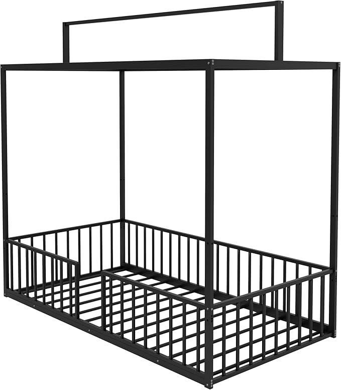 Harper & Bright Designs Twin Floor Bed Frame with Canopy and Guardrails, Metal Montessori Floor Bed with High Fence, Canopy Bed for Kids with Sturdy Metal Slats Support, Easy Assembly,Black