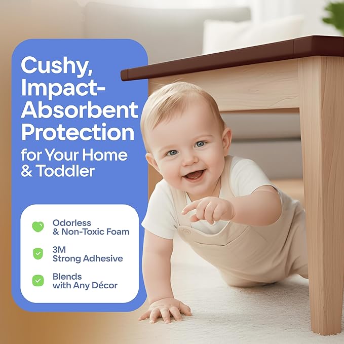 Furniture Edge 16.2ft & Corner Guards | Protective Foam Cushion | 15ft Bumper 4 Adhesive Childsafe Corners | Baby Child Proofing Foam Set and Safe for Table, Fireplace, Countertop | Brown
