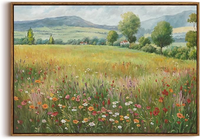 OIQArtOIQ Vintage Landscape Framed Wall Art Spring Countryside Colorful Wildflower Field Canvas Art Prints Farmhouse Cottagecore Pictures Wall Decor Rustic Meadow Paintings Artwork For Kitchen Bedroom