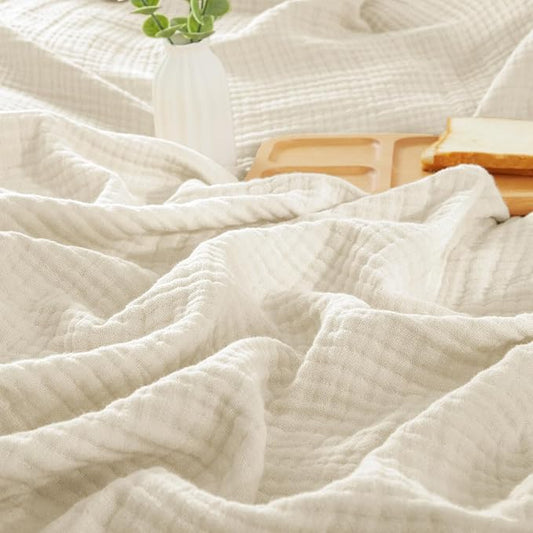 PHF 100% Cotton Muslin Blanket Queen Size 90"x90", 4-Layer Lightweight Gauze Throw, Breathable Cloud-Soft Minimalist Blanket for Bed, Couch, Camping & Baby, Birch, Ideal Gift