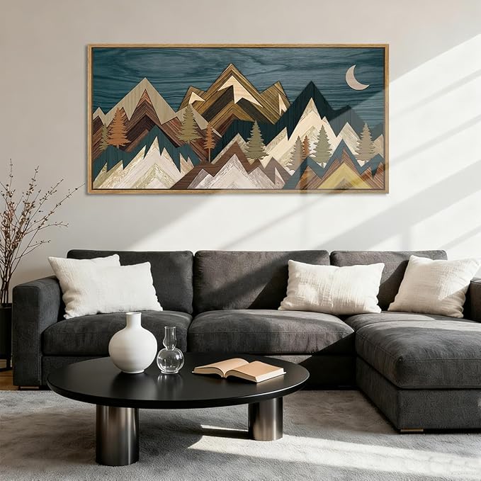 BINCUE Mountain Wall Art Framed Canvas Wall Art Nature Forest Wall Decor Rustic Farmhouse Wall Painting Moon Art for Living Room Bedroom Dining Room Large Size 20"x40"